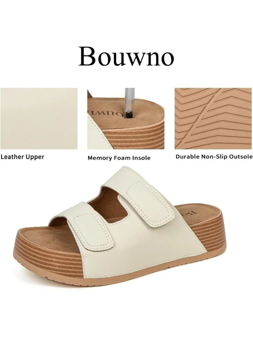 Women's White Leather Genuine Slip on Beach Slide Buckle Platform Sandal Shoes